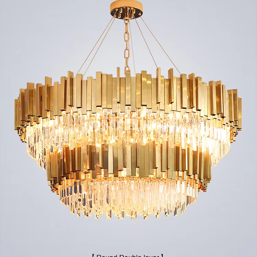 Light luxury post-modern metal crystal chandelier, featuring a dome shape layered with gold metal strips and crystal columns. Light refracts through the crystals to create a brilliant and luxurious glow, combining sophistication and ambiance, making it a high-end decorative lighting fixture that elevates the space's style.