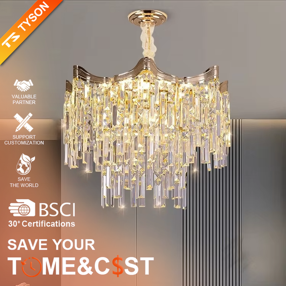 This European luxury fan-shaped crystal chandelier features a champagne gold metal frame, with dense long crystals hanging down to form a layered fan shape, suspended by a braided cord. When lit, light refracts through the crystal to emit a brilliant and luxurious glow, combining a luxurious texture with an ambient atmosphere. Ideal for villa living rooms, luxury dining rooms, high-end clubs, and other spaces, it adds an elegant and exquisite touch to European luxury or modern light luxury environments.