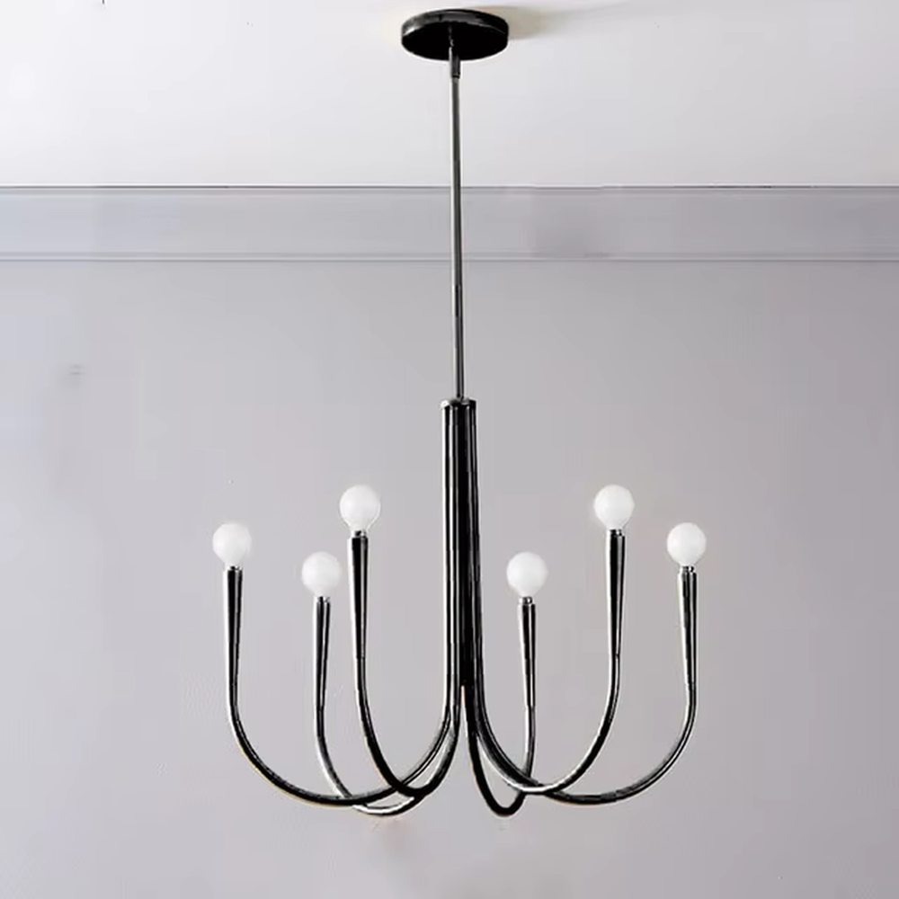 This modern minimalist curved-arm chandelier features a black matte metal frame with 6 fluid, staggered curved arms and milky white spherical lampshades, creating an elegant and layered look. When lit, it emits soft and even light, combining design appeal with an ambient atmosphere. Ideal for living rooms, dining rooms, bedrooms, and other spaces, it adds an exquisite and soft touch to modern minimalist, Nordic, or industrial-style home environments.
