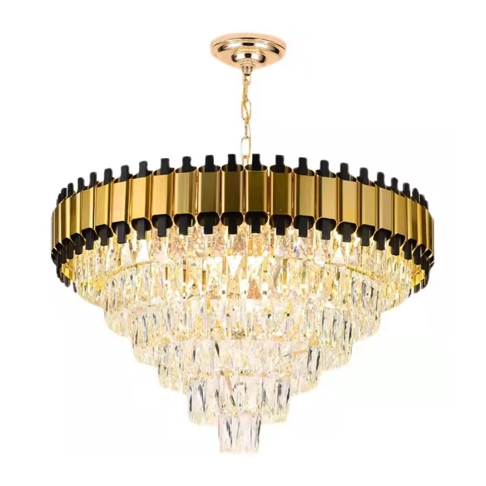This modern light luxury multi-layer conical crystal chandelier features an upper frame of black-gold metal strips and a lower layer of multiple tiers of transparent crystal strips, forming a full conical dome shape. When lit, light refracts through the crystal to emit a brilliant and luxurious glow, combining a bold texture with an ambient atmosphere. Ideal for villa living rooms, high-end clubs, luxury dining rooms, and other spaces, it adds an elegant and exquisite touch to European luxury or modern light luxury environments.