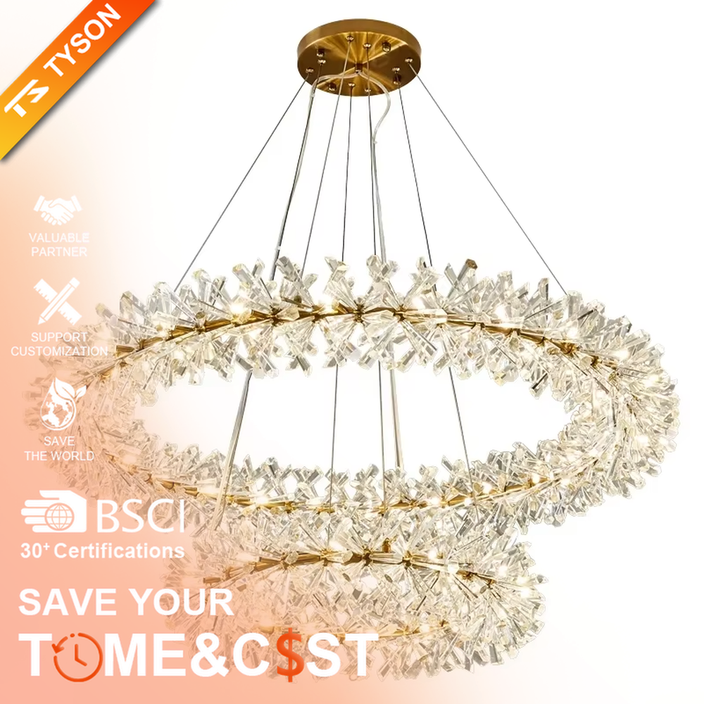 This modern light luxury multi-layer circular chandelier features a gold metal frame, inlaid with transparent snowflake-shaped crystal modules, combined into a three-layer staggered circular shape. When lit, light refracts through the crystal to emit a brilliant and soft glow, combining an ethereal feel with an ambient atmosphere. Ideal for living rooms, dining rooms, light luxury apartments, and other spaces, it adds a dreamy and exquisite touch to modern minimalist or French light luxury home environments.