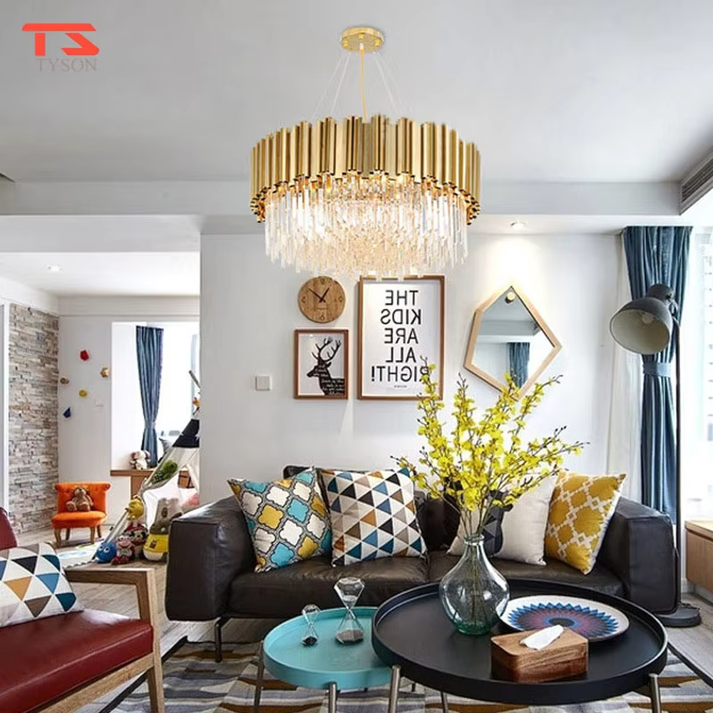 This modern light luxury two-layer circular chandelier features a gold metal strip frame on the upper layer and dense, transparent long crystals hanging below. When lit, light refracts through the crystals to emit a brilliant and soft glow, combining a luxurious texture with an ambient atmosphere. Ideal for living rooms, dining rooms, light luxury apartments, and other spaces, it adds an exquisite and sophisticated touch to modern minimalist or light luxury home environments.