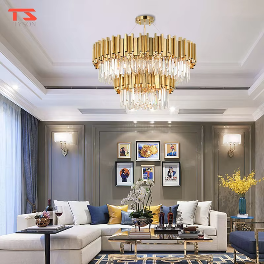 This modern light luxury two-layer circular chandelier features a gold metal strip frame on the upper layer and dense, transparent long crystals hanging below. When lit, light refracts through the crystals to emit a brilliant and soft glow, combining a luxurious texture with an ambient atmosphere. Ideal for living rooms, dining rooms, light luxury apartments, and other spaces, it adds an exquisite and sophisticated touch to modern minimalist or light luxury home environments.
