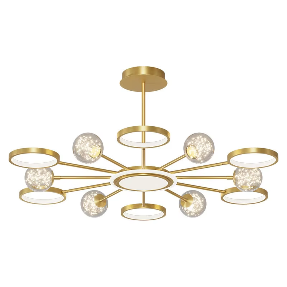 This modern light luxury radial chandelier features a gold metal frame with multiple radially extending arms, paired with glowing rings and glass ball lampshades with a starry sky effect. When lit, it emits a bright and soft glow, combining a futuristic feel with an ambient atmosphere. Ideal for living rooms, large apartments, and light luxury residences, it adds an exquisite and sophisticated touch to modern minimalist or light luxury home environments.