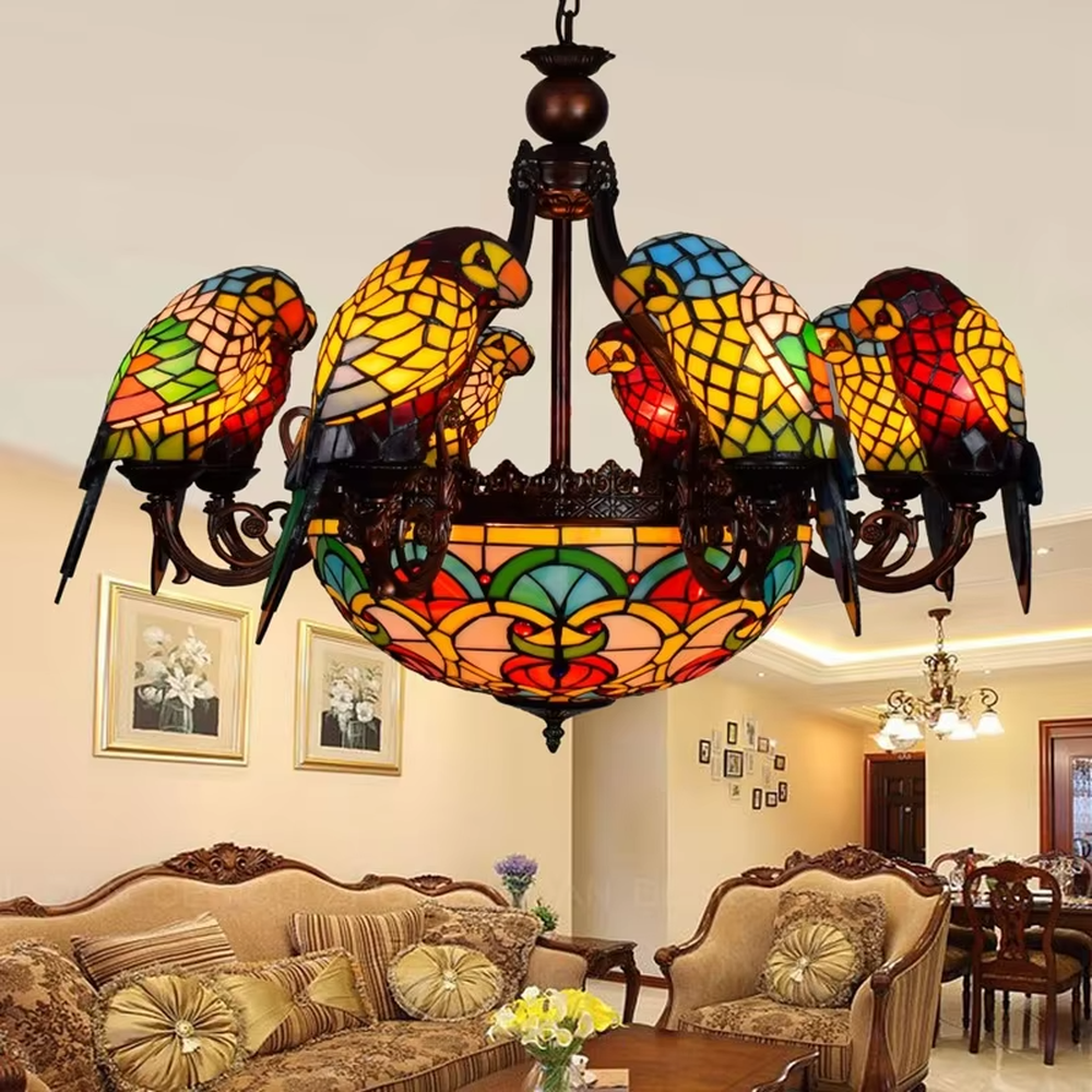 American retro parrot-shaped Tiffany chandelier, featuring vibrant stained-glass parrots and a dome lampshade paired with an antique bronze metal frame. Its rich, colorful design exudes retro artistry, making it a decorative lighting fixture that creates an exotic ambiance.
