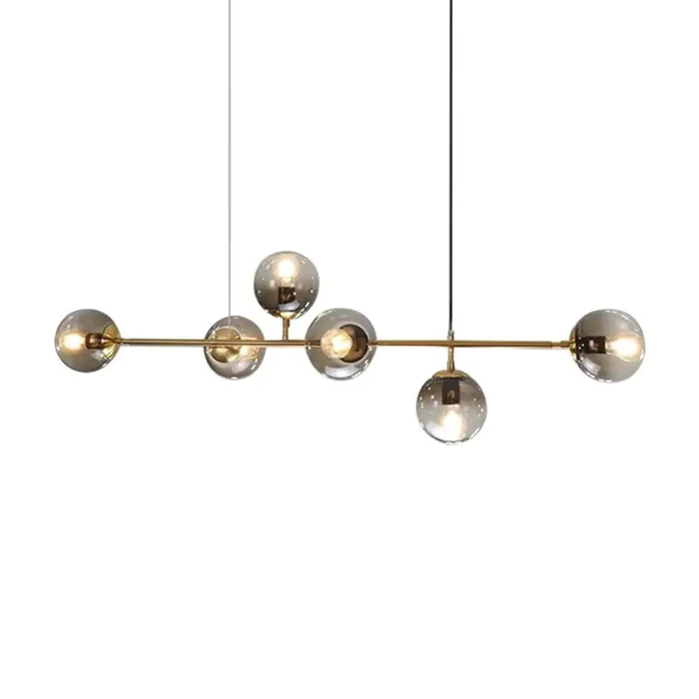 Modern light luxury molecular structure chandelier, featuring a linear brass metal frame paired with gradient smoky gray glass ball lampshades. Its minimalist and layered design combines style and ambiance, making it a decorative lighting fixture that elevates the space's aesthetic.
