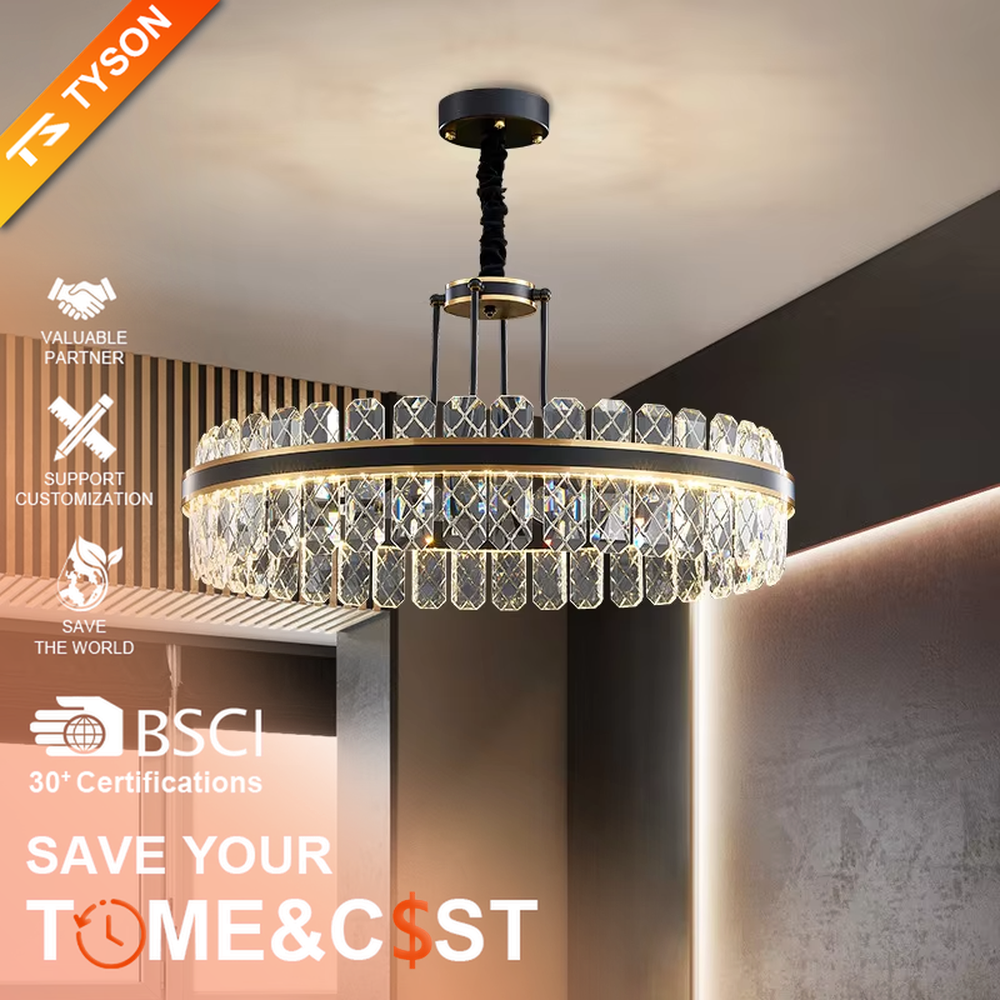 This modern light luxury two-layer circular crystal chandelier features a black metal frame, inlaid with transparent crystal strips with diamond textures to form a double-layered circular shape, paired with a height-adjustable black suspension rod. When lit, light refracts through the crystal to emit a brilliant and luxurious glow, combining a bold texture with an ambient atmosphere. Ideal for living rooms, dining rooms, light luxury apartments, and other spaces, it adds an exquisite and sophisticated touch to modern minimalist or industrial-style home environments.