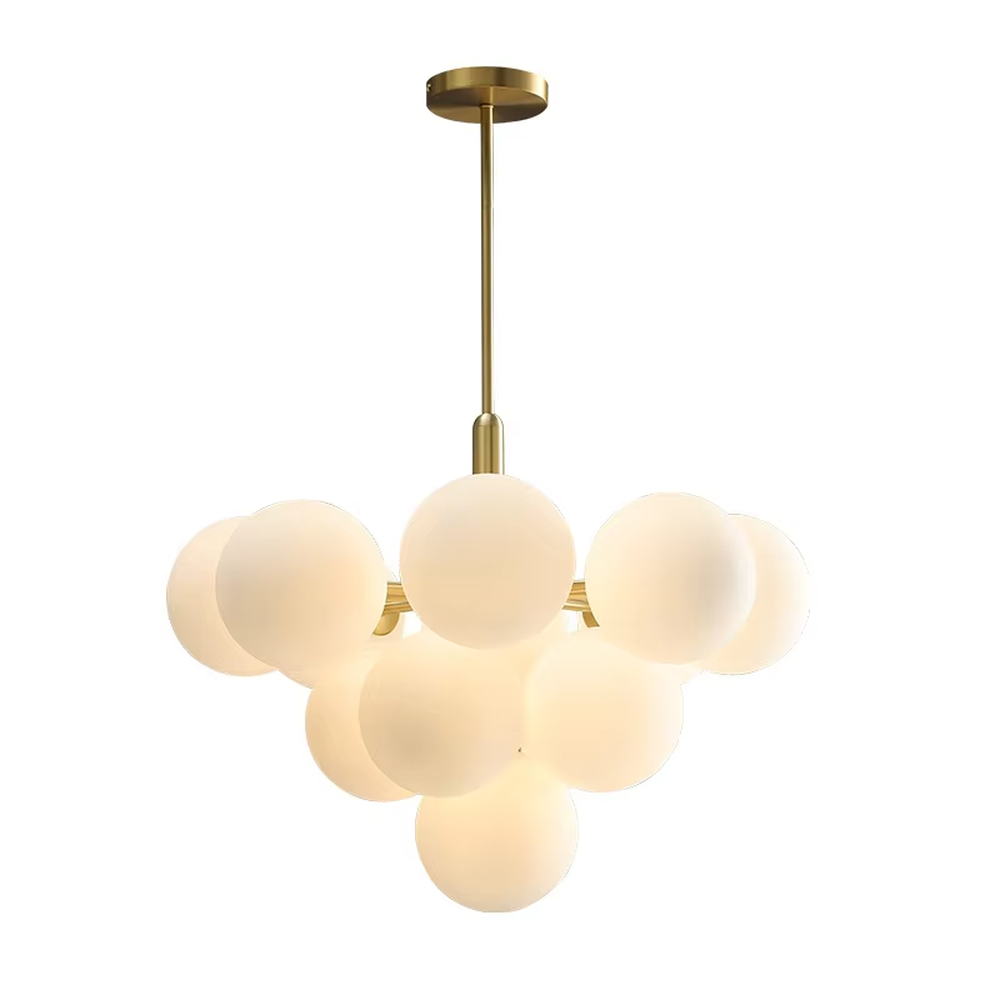 Modern healing cloud magic bean chandelier, featuring a brass metal frame paired with fluffy milk-white frosted glass balls to form a cloud shape. It emits soft and gentle light, combining a dreamy feel and cozy ambiance, making it a decorative lighting fixture that enhances the warmth of the space.