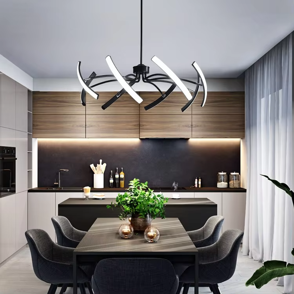 Modern art spider-shaped chandelier, featuring a radial branch structure made of black metal with built-in LED lighting. Its dynamic and tensile lines combine a sense of technology and artistic ambiance, making it a high-end decorative lighting fixture that elevates the space's style.