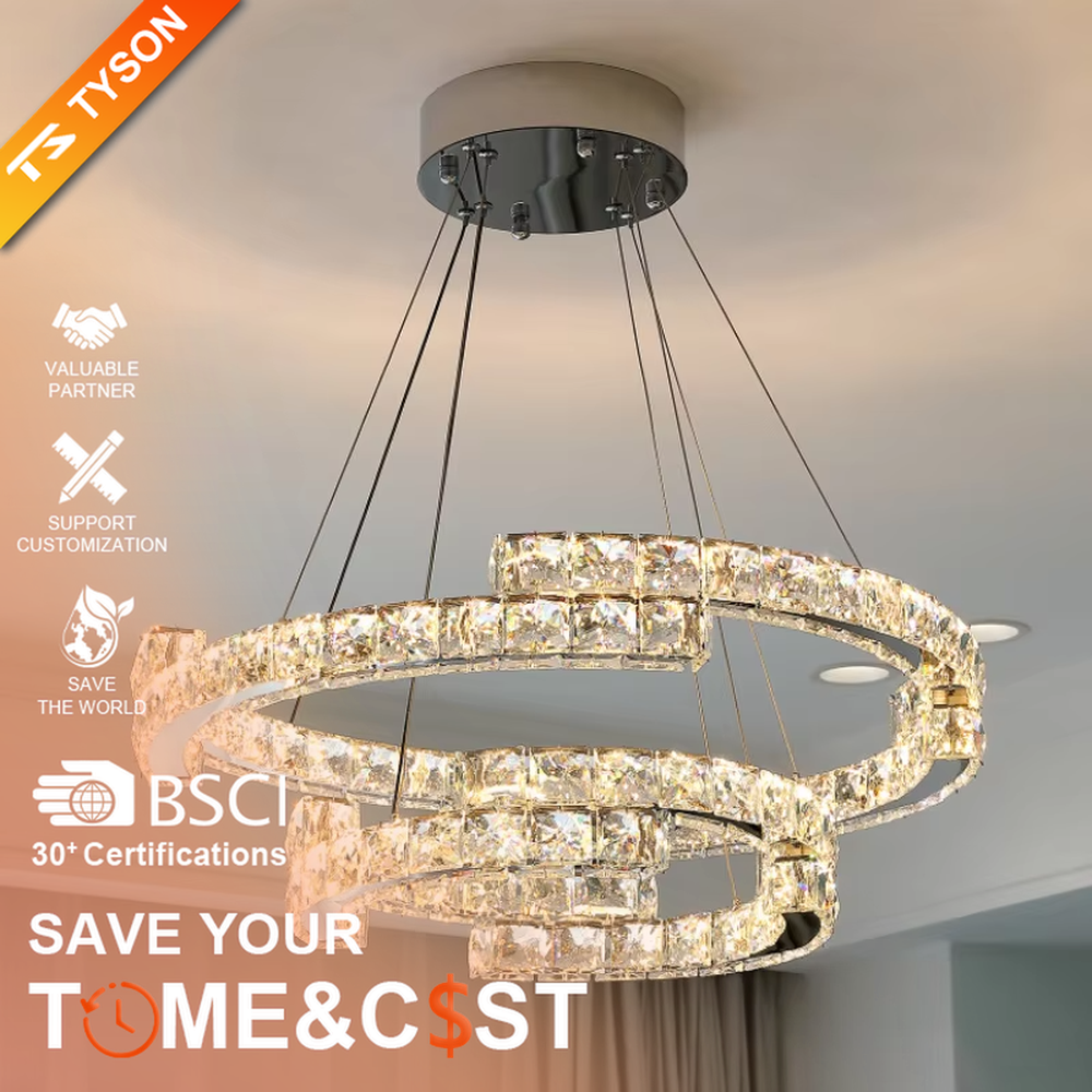 This modern light luxury double-ring interwoven crystal chandelier features a silver metal base, inlaid with transparent crystals to create a dynamic double-ring interwoven shape. When lit, light refracts through the crystal to emit a brilliant and dynamic glow, combining a futuristic feel with an ambient atmosphere. Ideal for living rooms, dining rooms, light luxury apartments, and other spaces, it adds an exquisite and sophisticated touch to modern minimalist or light luxury home environments.