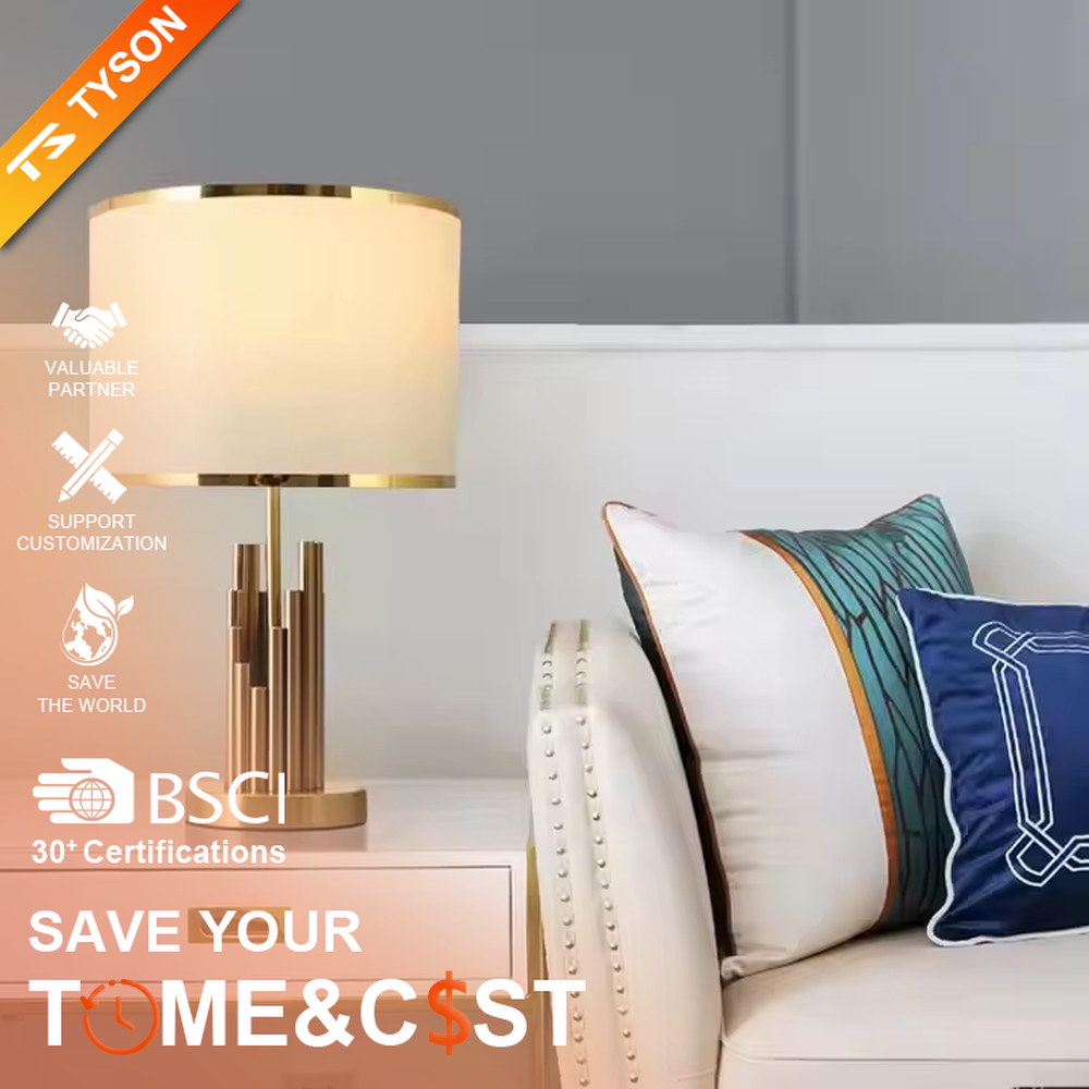 This is a modern luxury-style table lamp with a golden metal multi-column base and a beige fabric lampshade, featuring a simple and elegant design. It is used for local desktop lighting and decoration, combining practicality and aesthetics. It is suitable for modern home bedroom bedside tables, living room side tables, high-end hotel guest rooms, luxury apartment living spaces and other places.