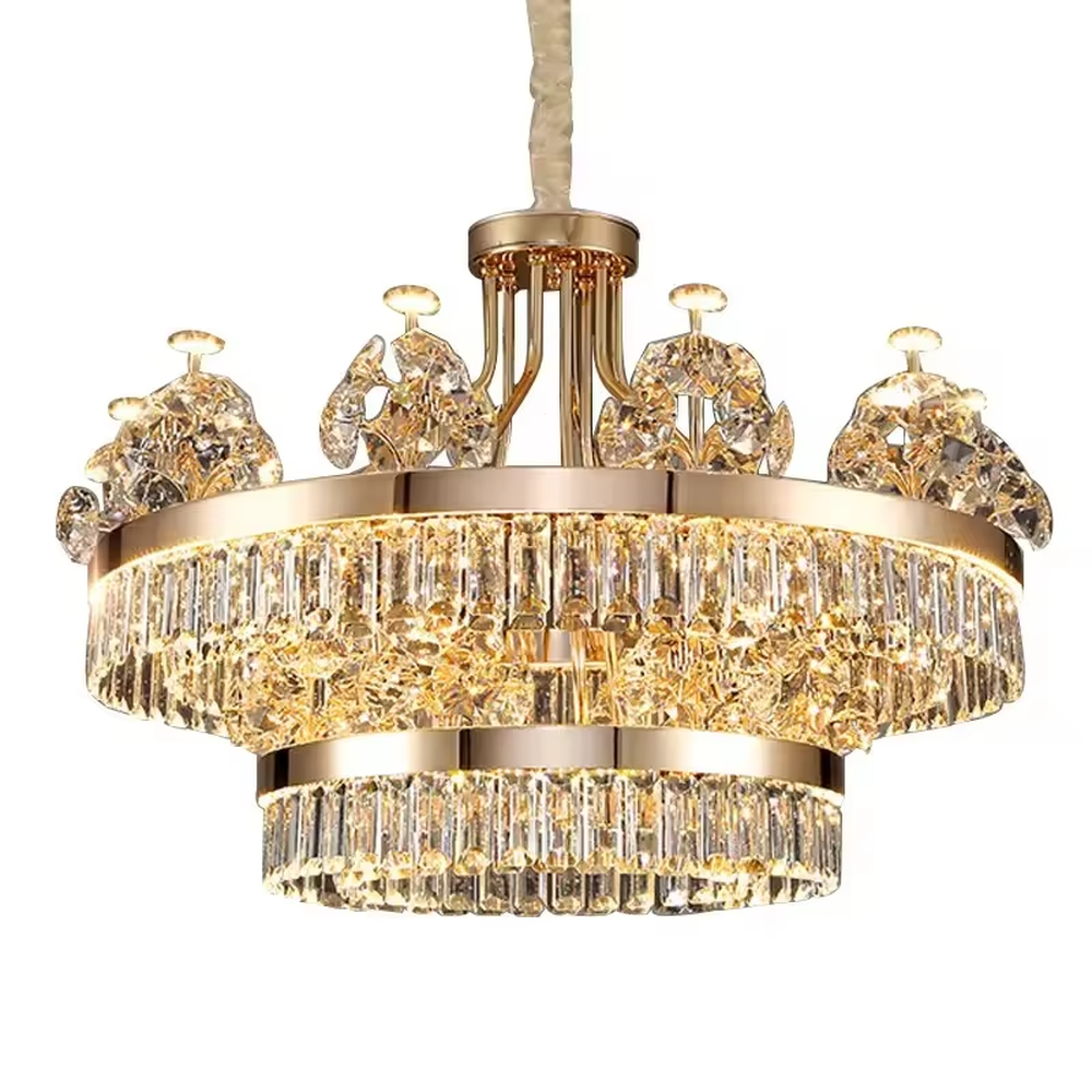 This modern light luxury two-layer crystal chandelier features a gold metal frame, with dense transparent long crystals hanging below and leaf-textured crystal lampshades on top. When lit, light refracts through the crystal to emit a brilliant and soft glow, combining an ethereal texture with an ambient atmosphere. Ideal for living rooms, dining rooms, light luxury apartments, and other spaces, it adds an exquisite and sophisticated touch to modern minimalist or light luxury home environments.