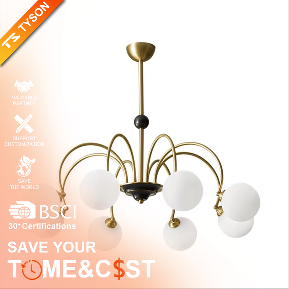 Modern light luxury black and gold magic bean chandelier, featuring curved brackets in black and gold metal paired with milk-white frosted glass ball lampshades. Its rounded, soft, and layered design combines warmth and style, making it a decorative lighting fixture that enhances the space's texture.