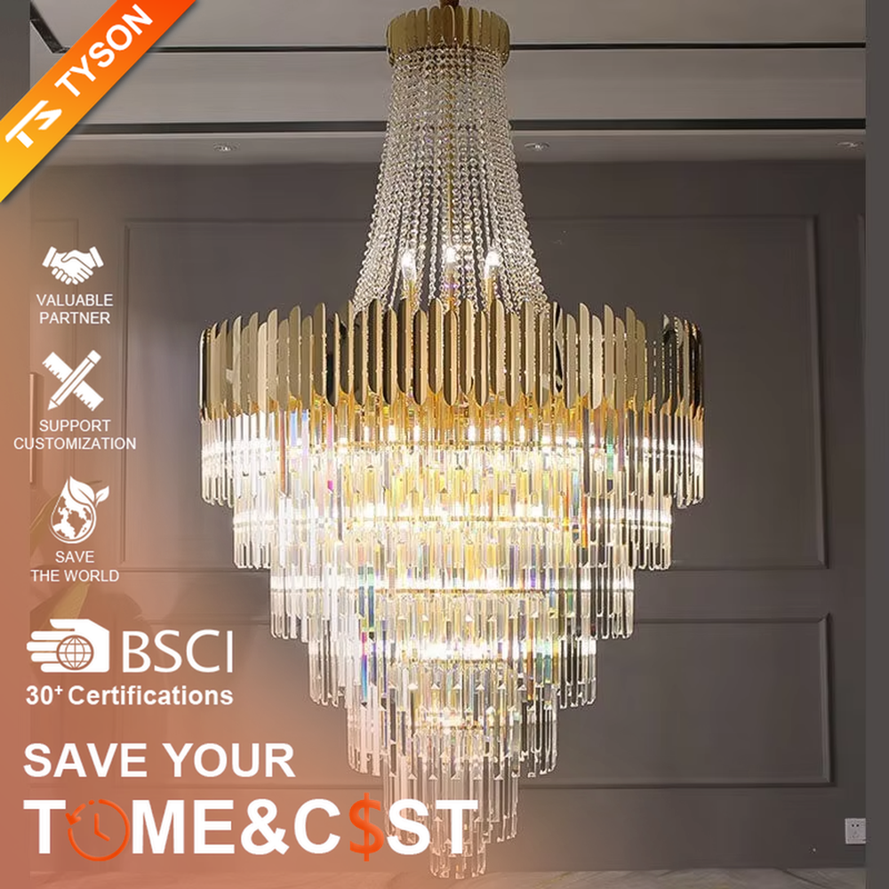 This light luxury and grand multi-layer crystal chandelier features a gold metal frame, paired with transparent crystal pendants and metal decorative pieces, creating a layered conical shape. When lit, light refracts through the crystal to emit a brilliant and luxurious glow, combining decorative appeal with an ambient atmosphere. Ideal for villa living rooms, high-ceiling spaces, hotel lobbies, or duplex foyers, it adds an elegant and exquisite touch to modern light luxury or European-style luxury spaces.