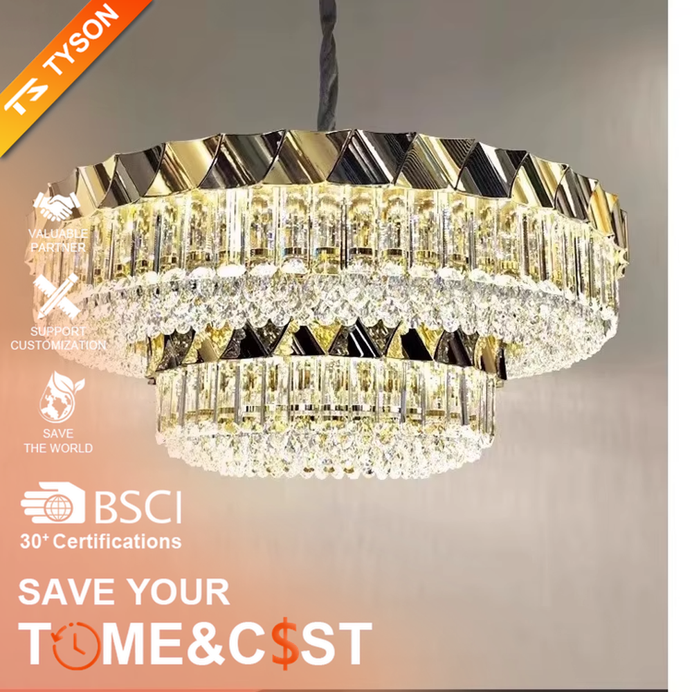 This modern light luxury two-layer circular crystal chandelier features a black-and-gold metal frame, inlaid with transparent long crystals to form a double-layered dome shape. The geometric black-and-gold metal contrasts brilliantly with the shimmering crystal, and when lit, light refracts through the crystal to emit a luxurious and soft glow, combining a sophisticated texture with an ambient atmosphere. Ideal for living rooms, dining rooms, light luxury apartments, and other spaces, it adds an exquisite and luxurious touch to modern minimalist or light luxury home environments.