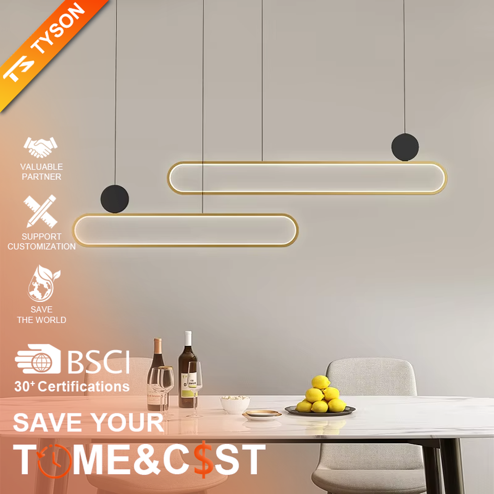 Modern light luxury black and gold linear chandelier, featuring a gold metal frame paired with a white luminous lamp body, accented with a black balancing ball on the side. Its clean and elegant lines combine style and ambiance, making it a modern home lighting fixture that enhances the space's texture.