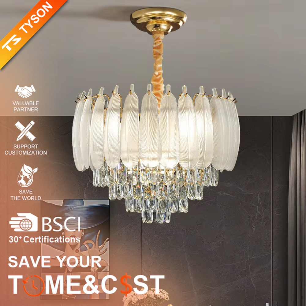 This light luxury retro two-layer chandelier features a dome shape enclosed by vertical-textured frosted glass on the upper layer, paired with hanging crystal tassels on the lower layer, all set in a gold metal frame. When lit, light refracts through the glass and crystal to emit a soft and brilliant glow, combining elegant texture with an ambient atmosphere. Ideal for dining rooms, bedrooms, light luxury living rooms, and other spaces, it adds an elegant and exquisite touch to European retro or modern light luxury home environments.
