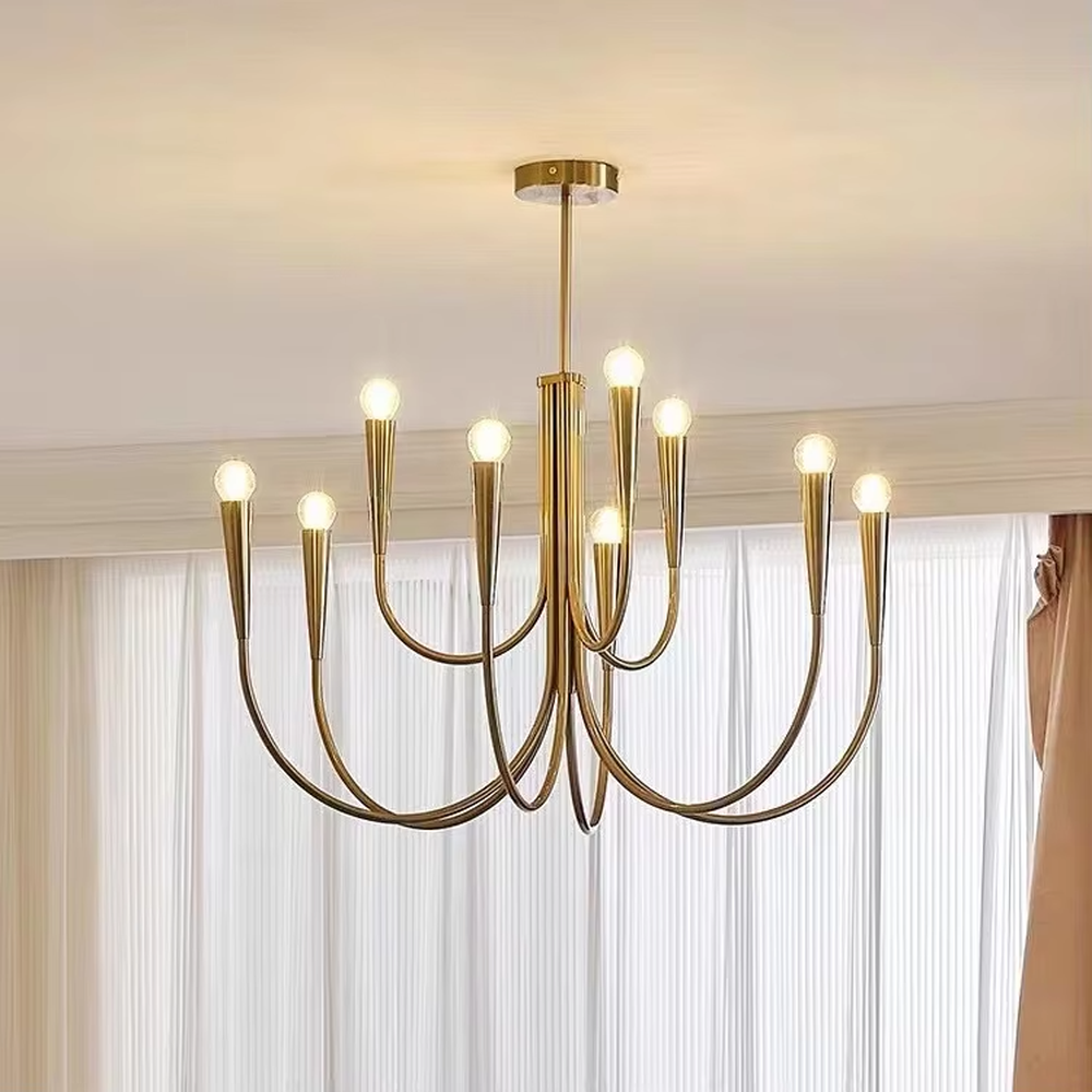 This modern minimalist curved-arm chandelier features a black matte metal frame with 6 fluid, staggered curved arms and milky white spherical lampshades, creating an elegant and layered look. When lit, it emits soft and even light, combining design appeal with an ambient atmosphere. Ideal for living rooms, dining rooms, bedrooms, and other spaces, it adds an exquisite and soft touch to modern minimalist, Nordic, or industrial-style home environments.
