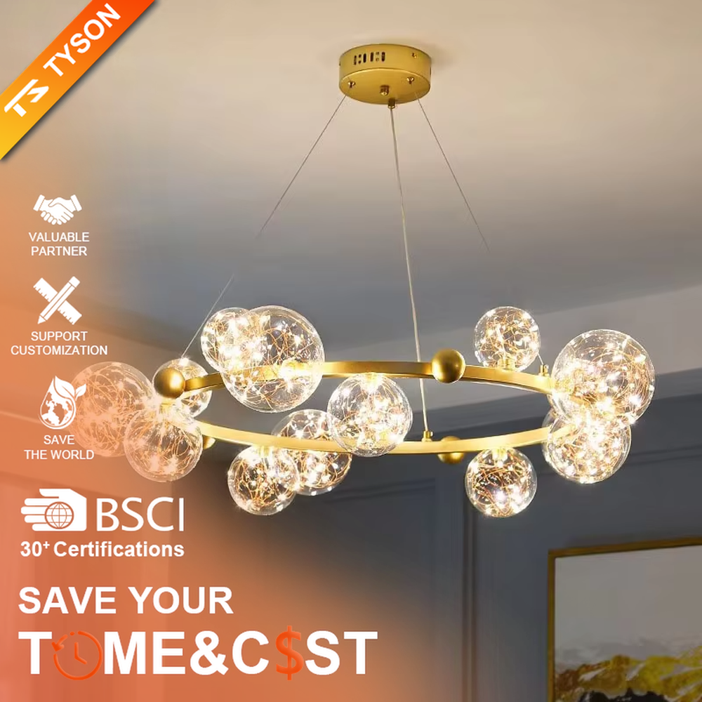 Modern light luxury starry sky ring chandelier, featuring a brass metal ring frame paired with transparent bubble glass balls with built-in lamp beads to form a star cluster shape. It emits bright and translucent light, combining a dreamy feel and elegant ambiance, making it a high-end decorative lighting fixture that elevates the space's style.