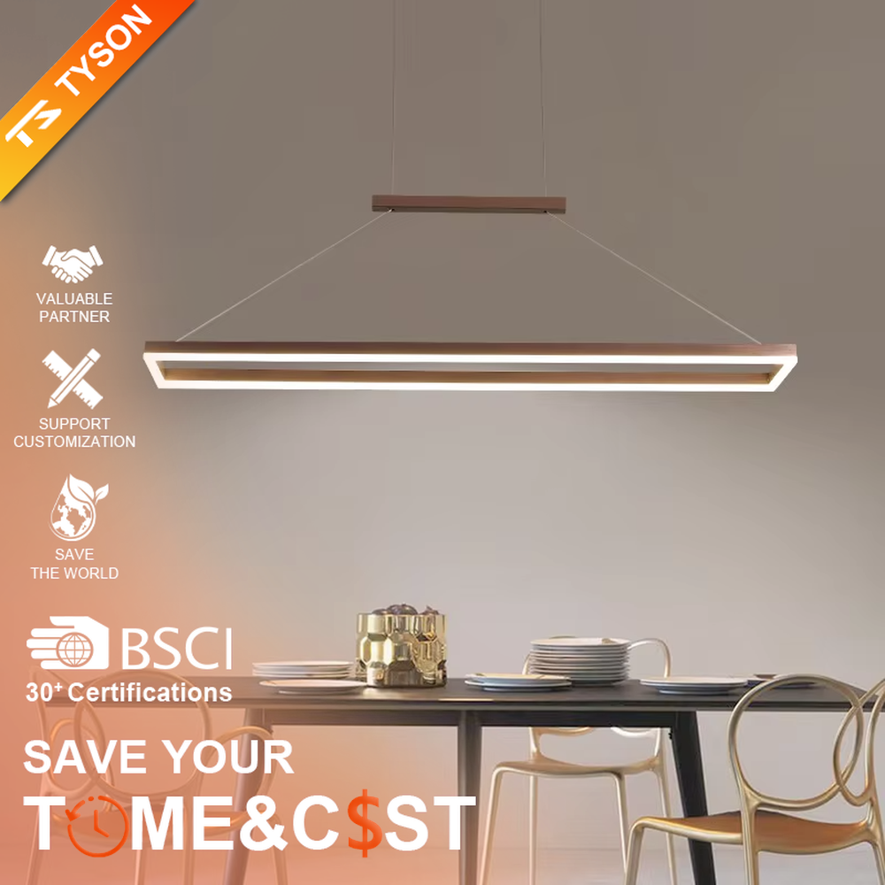 Modern minimalist wood-grain double-layer linear chandelier, featuring a double-layer rectangular frame made of wood-grain metal with built-in soft LED lighting. Its clean and elegant lines combine illumination and decoration, making it a modern home lighting fixture that enhances the space's texture.