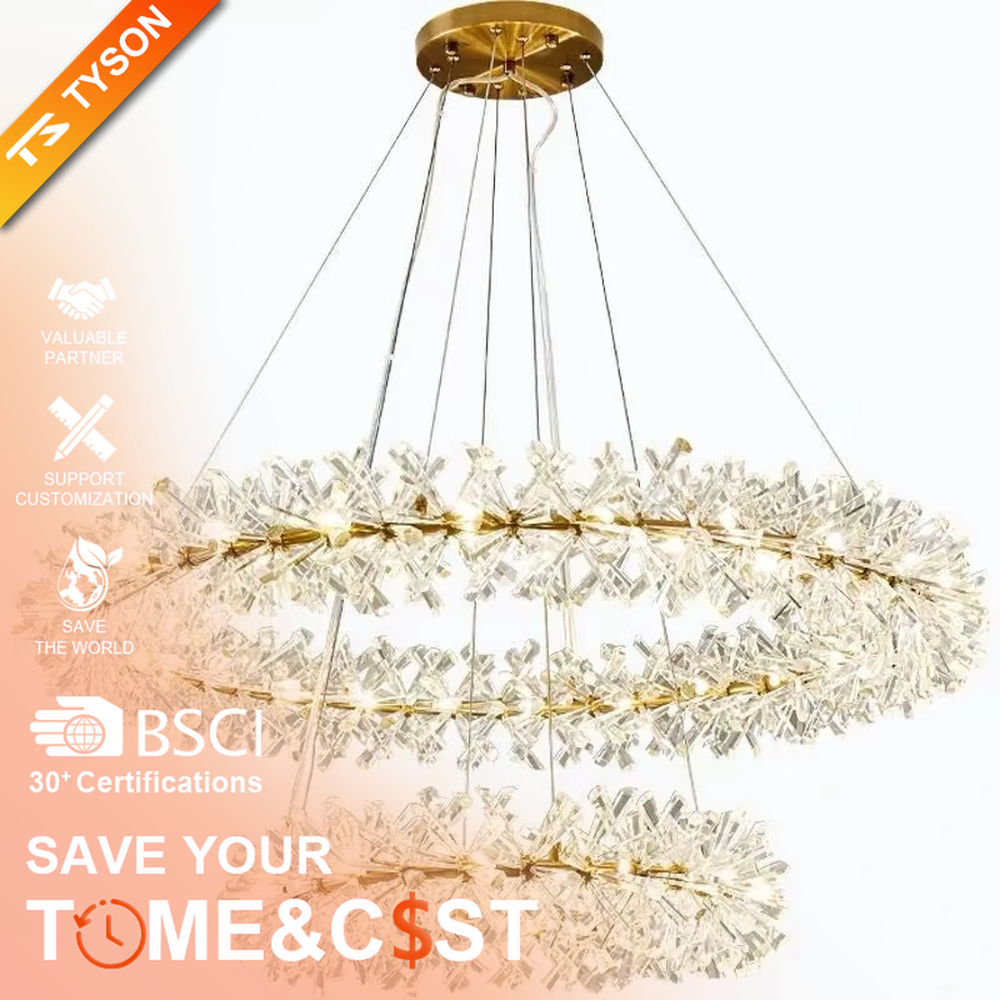 This modern light luxury two-layer circular chandelier features a gold metal frame, inlaid with transparent snowflake-shaped crystal modules, combined into a two-layer staggered circular shape. When lit, light refracts through the crystal to emit a brilliant and soft glow, combining an ethereal feel with an ambient atmosphere. Ideal for living rooms, dining rooms, light luxury apartments, and other spaces, it adds a dreamy and exquisite touch to modern minimalist or French light luxury home environments.