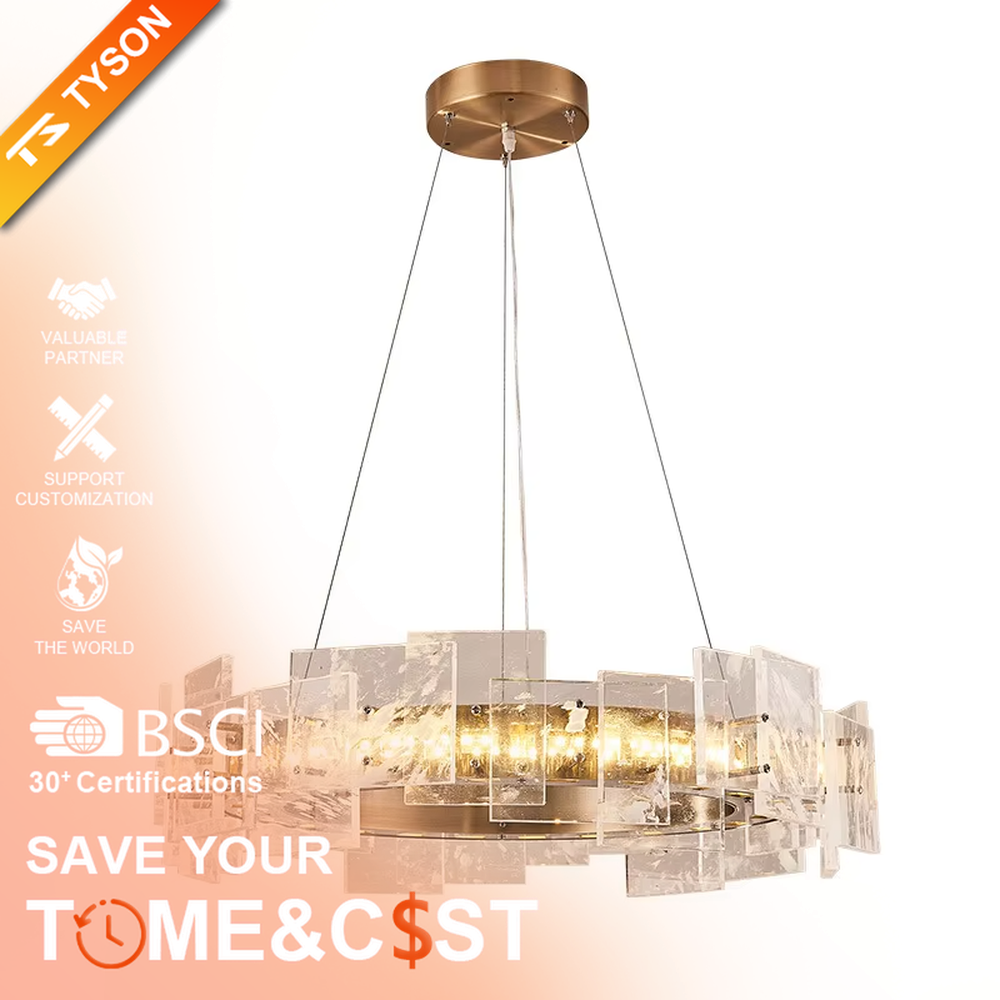 Modern light luxury ice crystal ring chandelier, featuring a gold metal frame paired with staggered ice-crystal textured acrylic panels. Light refracts through the panels to create a brilliant and soft glow, combining luxury texture and artistic ambiance, making it a high-end decorative lighting fixture that elevates the space's style.