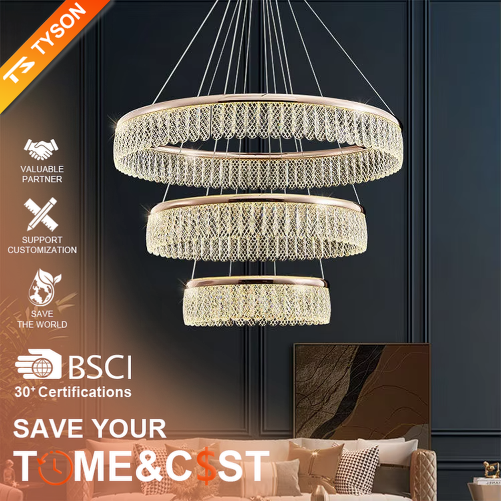 Modern light luxury double-layer ring crystal chandelier, featuring a rose gold metal frame paired with dense crystal strips to create a double-layer suspended shape. Light refracts through the crystals to produce a brilliant and soft glow, combining sophistication and ambiance, making it a high-end decorative lighting fixture that elevates the space's style.