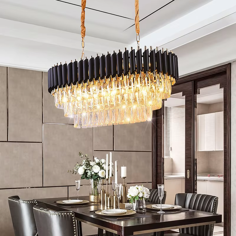 This European luxury multi-layer conical crystal chandelier features an upper frame of gold metal strips and a lower layer of multiple tiers of transparent crystal strips, forming a full conical dome shape. When lit, light refracts through the crystal to emit a brilliant and luxurious glow, combining a luxurious texture with an ambient atmosphere. Ideal for villa living rooms, hotel lobbies, high-end clubs, and other spaces, it adds an elegant and exquisite touch to European luxury or modern light luxury environments.