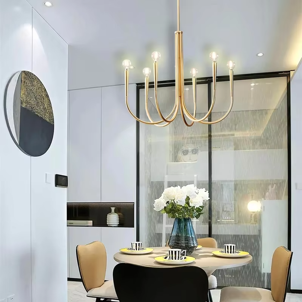This modern minimalist curved-arm chandelier features a black matte metal frame with 6 fluid, staggered curved arms and milky white spherical lampshades, creating an elegant and layered look. When lit, it emits soft and even light, combining design appeal with an ambient atmosphere. Ideal for living rooms, dining rooms, bedrooms, and other spaces, it adds an exquisite and soft touch to modern minimalist, Nordic, or industrial-style home environments.
