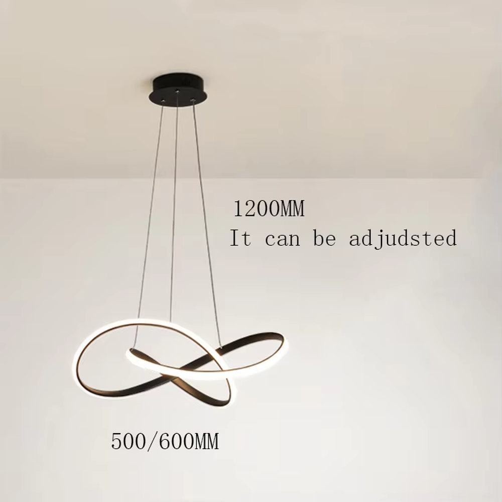 Modern light luxury interlocking double-ring chandelier, featuring a fluid interwoven ring structure in black and gold metal with built-in soft LED lighting. Its dynamic and elegant lines combine style and ambiance, making it a modern home lighting fixture that elevates the space's aesthetic.