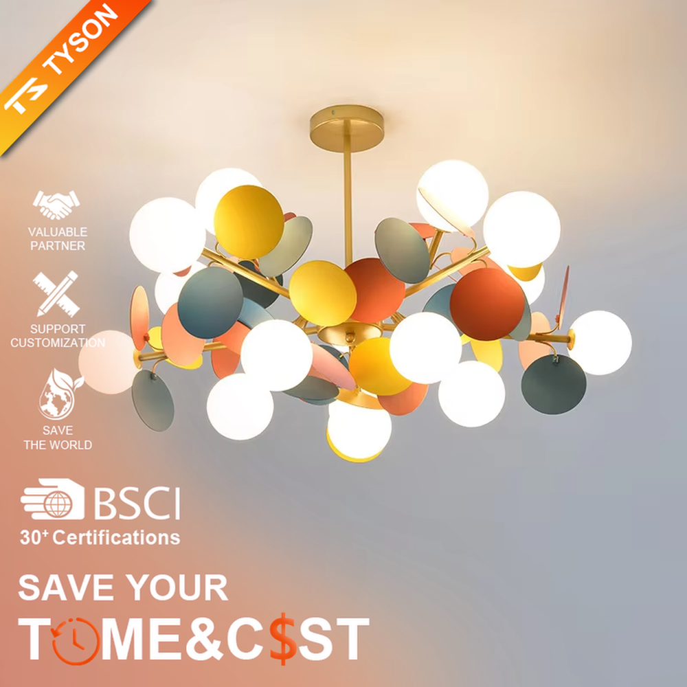 This playful and colorful linear disc chandelier features a gold metal frame, paired with milky white glowing spheres and macaron-colored (pink, orange, blue, yellow) decorative discs arranged in a fluffy cloud-like layout. When lit, it emits a soft and warm glow, creating a lively and comforting atmosphere. Ideal for kids' bedrooms, parent-child play areas, dining rooms, and other spaces, it adds a dreamy and romantic touch to childlike or modern minimalist environments.