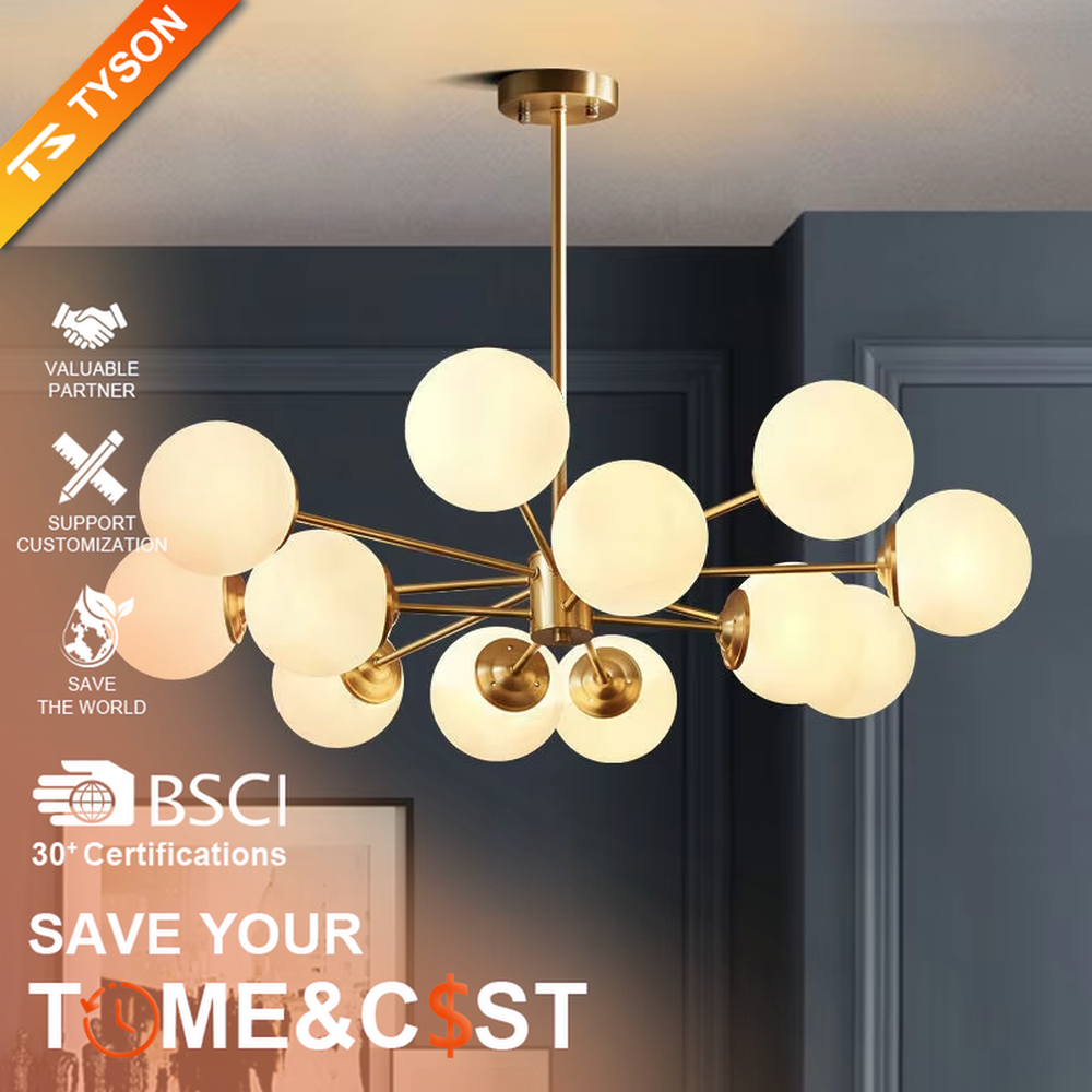 Modern light luxury magic bean chandelier, featuring a radial frame in black and gold metal paired with milk-white frosted glass ball lampshades. Its minimalist, rounded, and layered design combines warmth and style, making it a decorative lighting fixture that enhances the space's texture.