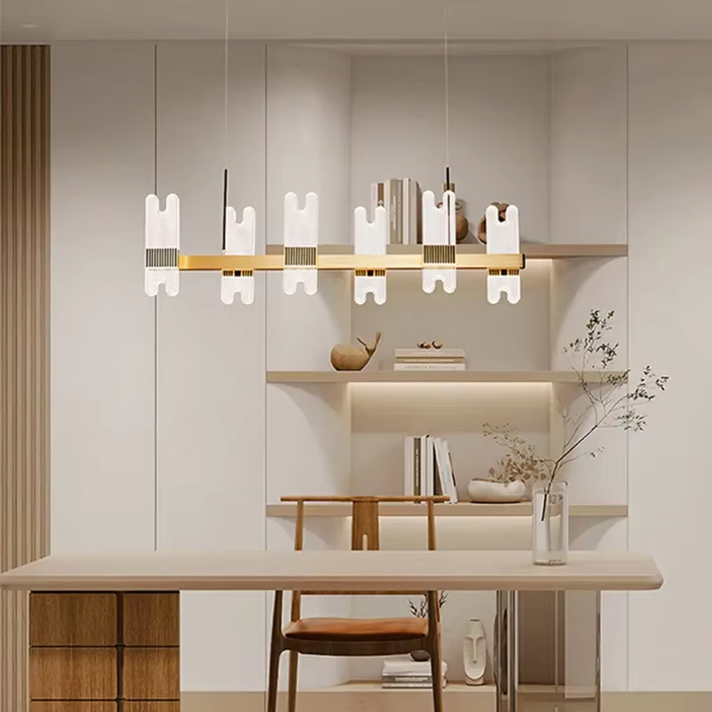 Modern light luxury black and gold chandelier, featuring a radial frame in black and gold metal paired with striped acrylic lampshades. It emits soft, layered light, combining style and ambiance, making it a high-end decorative lighting fixture that elevates the space's aesthetic.