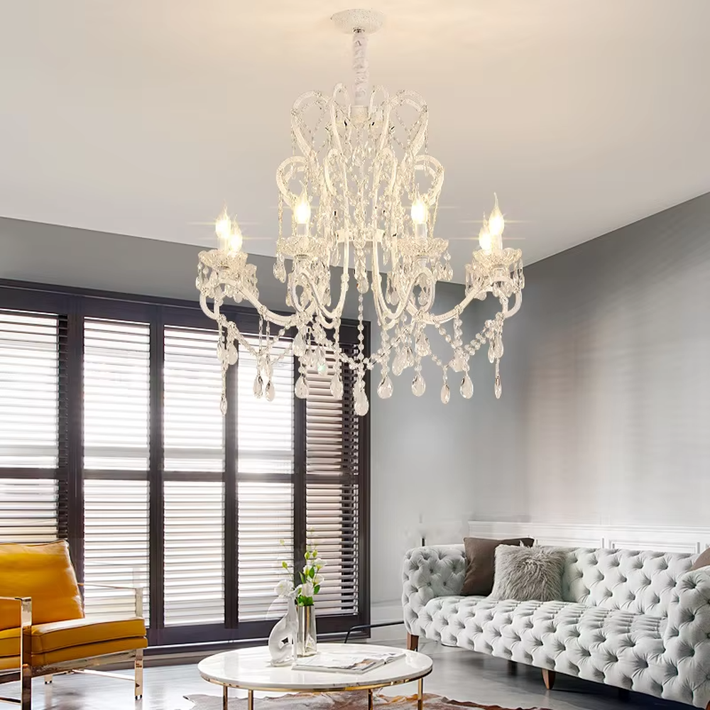 This European luxury crystal chandelier features curved branches crafted from transparent crystal, paired with hanging crystal pendants, creating a gorgeous and elegant courtly texture. When lit, light refracts through the crystal to emit a brilliant and soft glow, combining decorative appeal with an ambient atmosphere. Ideal for living rooms, dining rooms, villa high-ceiling spaces, or high-end clubs, it adds an elegant and exquisite touch to European luxury or modern light luxury spaces.