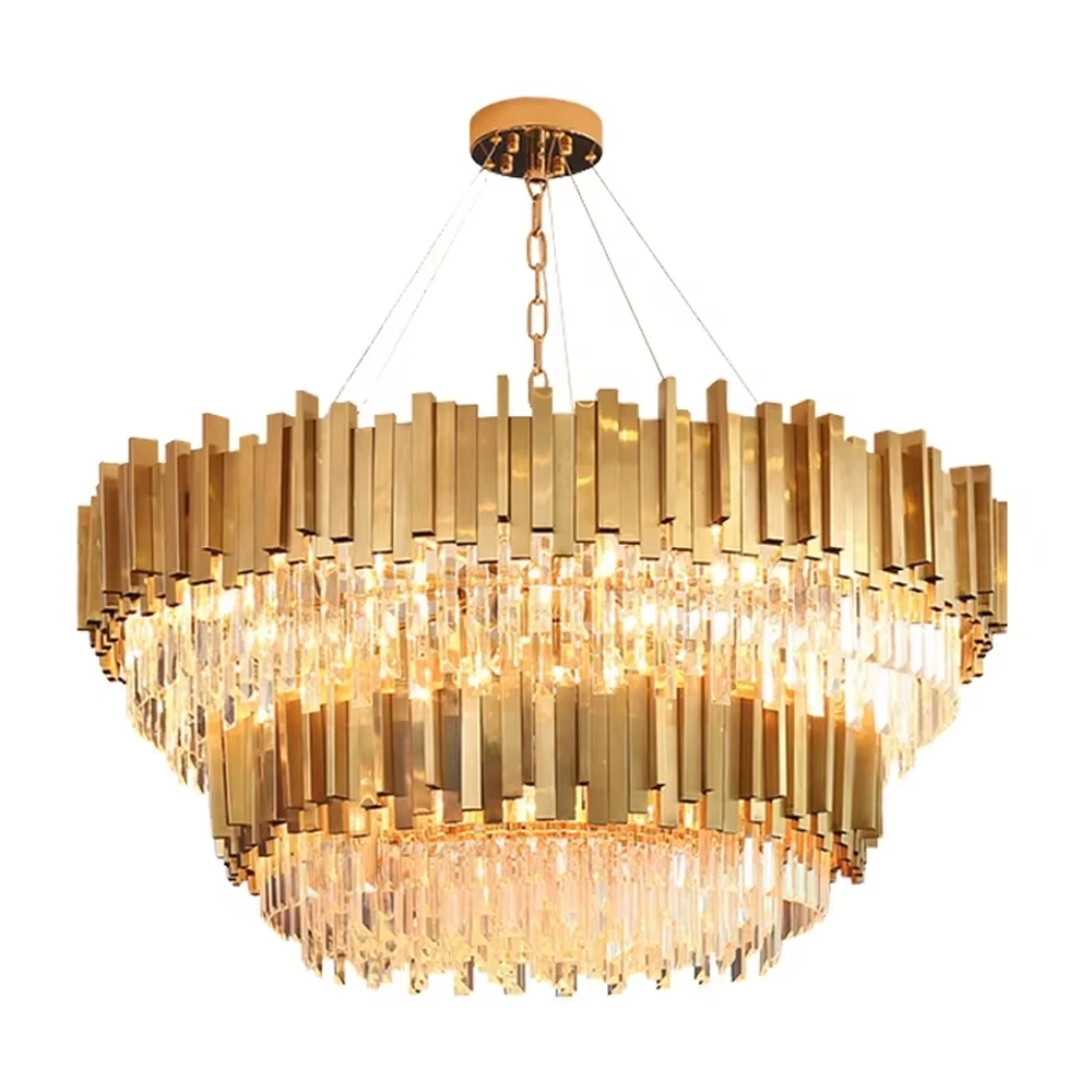 This modern light luxury two-layer linear chandelier features an upper frame enclosed by gold metal strips, with transparent crystal tassels hanging below, suspended by gold chains. When lit, light refracts through the crystal to emit a brilliant and luxurious glow, combining a luxurious texture with an ambient atmosphere. Ideal for dining rooms, bars, light luxury apartments, and other spaces, it adds an exquisite and sophisticated touch to modern minimalist or light luxury home environments.