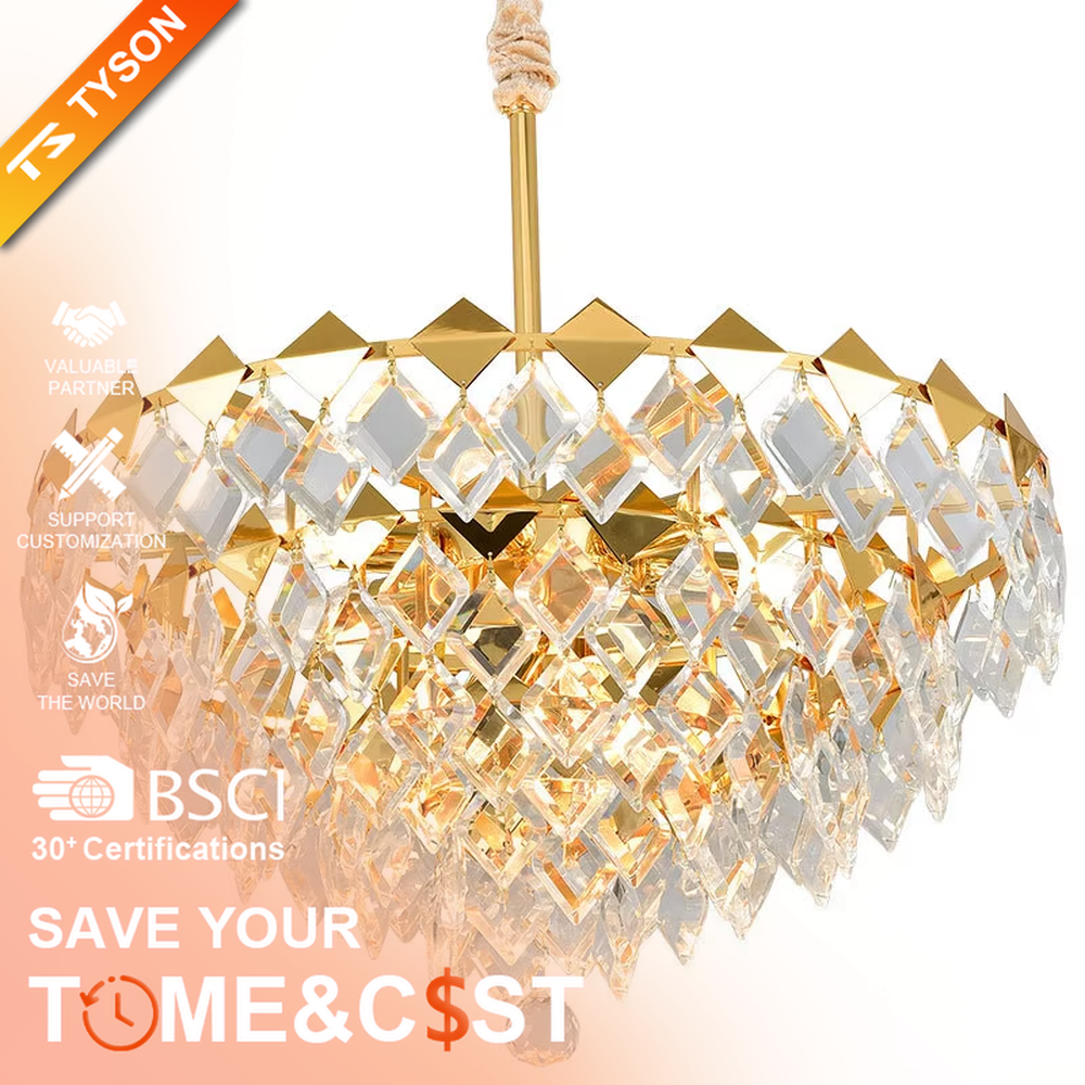 This luxurious and grand diamond-cut crystal chandelier features a gold metal frame, paired with transparent faceted crystals and gold decorative pieces, creating a full spherical shape. When lit, light refracts through the crystal to emit a brilliant and luxurious glow, combining decorative appeal with an ambient atmosphere. Ideal for dining rooms, living rooms, villa high-ceiling spaces, or high-end clubs, it adds an elegant and exquisite touch to European luxury or modern light luxury spaces.