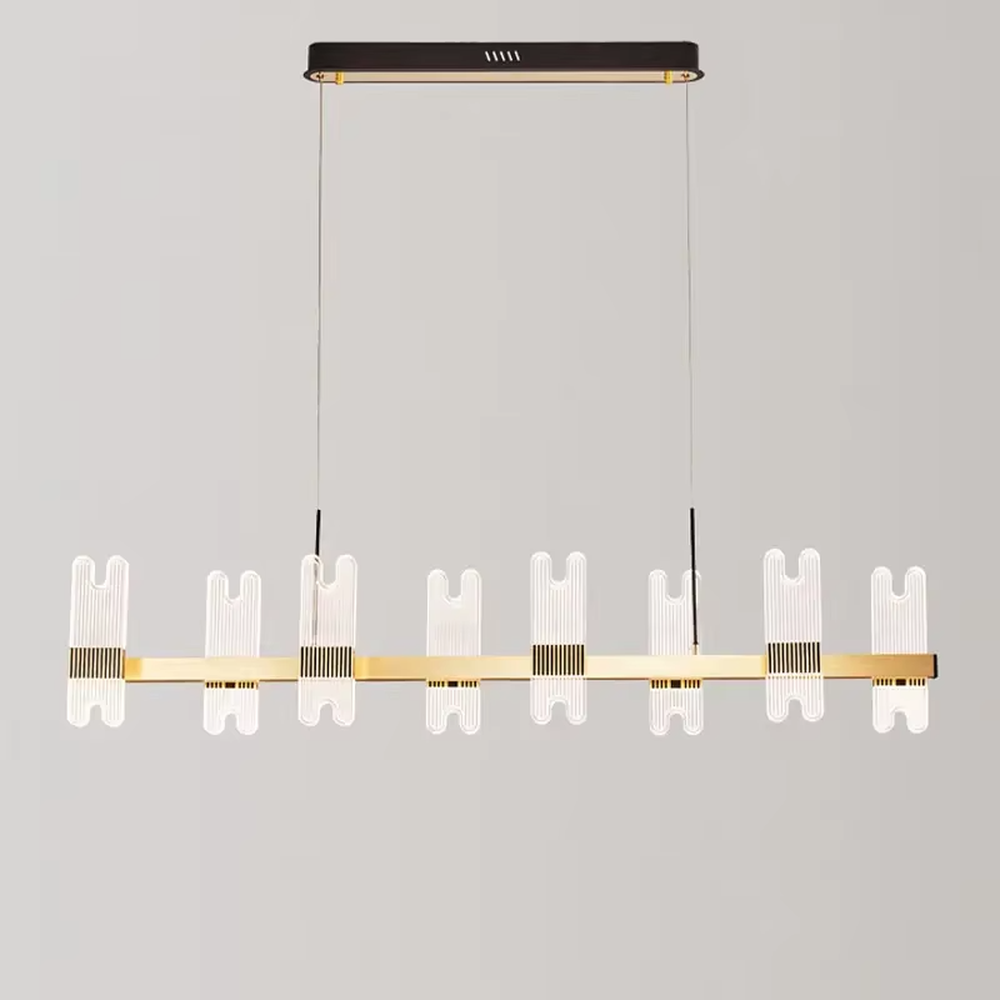 Modern light luxury black and gold chandelier, featuring a radial frame in black and gold metal paired with striped acrylic lampshades. It emits soft, layered light, combining style and ambiance, making it a high-end decorative lighting fixture that elevates the space's aesthetic.