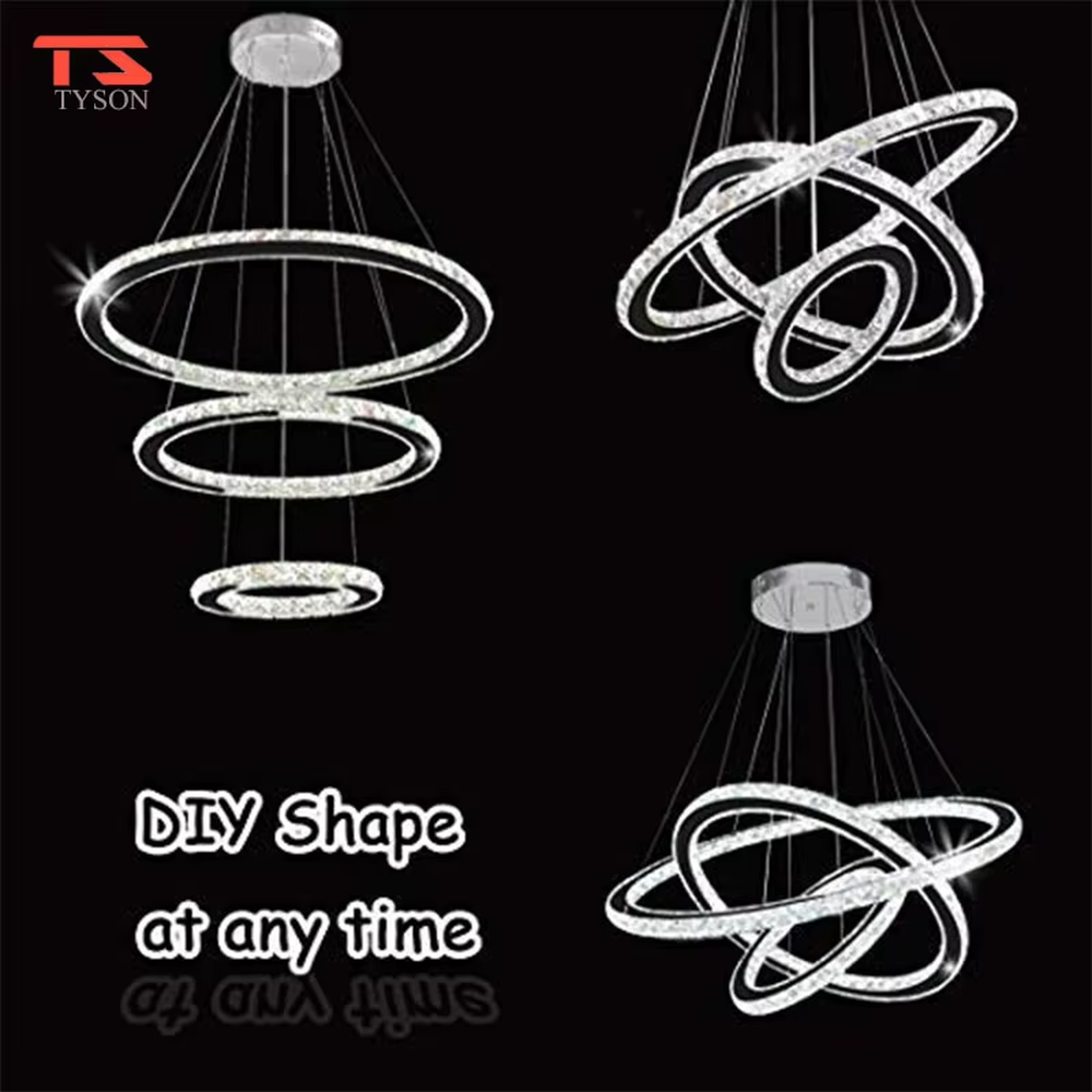 This modern light luxury interwoven ring crystal chandelier consists of transparent crystal rings of varying sizes interlaced and nested, suspended by silver cords. When lit, light refracts through the crystal to emit a brilliant and dynamic glow, combining a futuristic feel with an ambient atmosphere. Ideal for high-ceiling living rooms, villa foyers, light luxury apartments, and other spaces, it adds an exquisite and sophisticated touch to modern minimalist or light luxury environments.