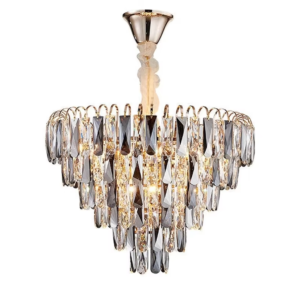 This modern light luxury layered crystal chandelier features a metal ceiling base, with multiple layers of transparent long crystal strips hanging down to form a full fan-shaped dome. When lit, light refracts through the crystal to emit a brilliant and luxurious glow, combining a luxurious texture with an ambient atmosphere. Ideal for living rooms, bedrooms, dining rooms, and other spaces, it adds an elegant and exquisite touch to modern light luxury or European luxury home environments.