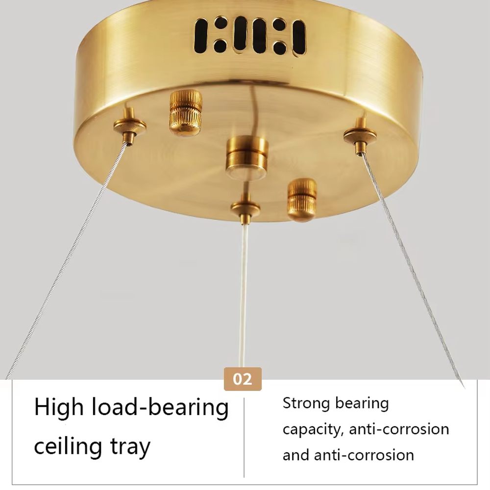 This modern light luxury multi-layer circular crystal chandelier features gold metal frames, inlaid with transparent long crystals to create three groups of staggered circular shapes. When lit, light refracts through the crystals to emit a brilliant and soft glow, combining a layered texture with an ambient atmosphere. Ideal for high-ceiling living rooms, duplex apartments, light luxury apartments, and other spaces, it adds an exquisite and sophisticated touch to modern minimalist or light luxury home environments.