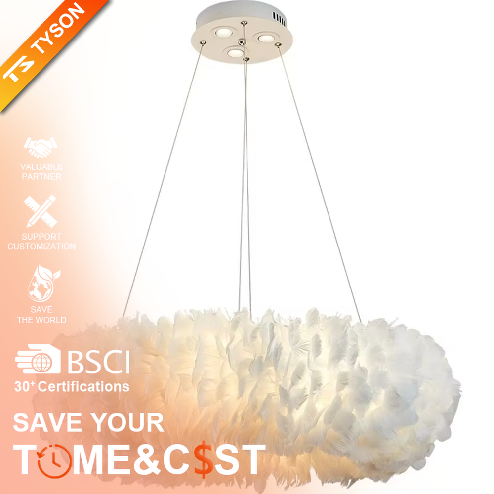 Nordic-style cloud feather chandelier, featuring a fluffy cloud-shaped lampshade made of natural white feathers. It emits soft and gentle light, combining a romantic ambiance and a soothing feel, making it a decorative lighting fixture that enhances the warmth of the space.