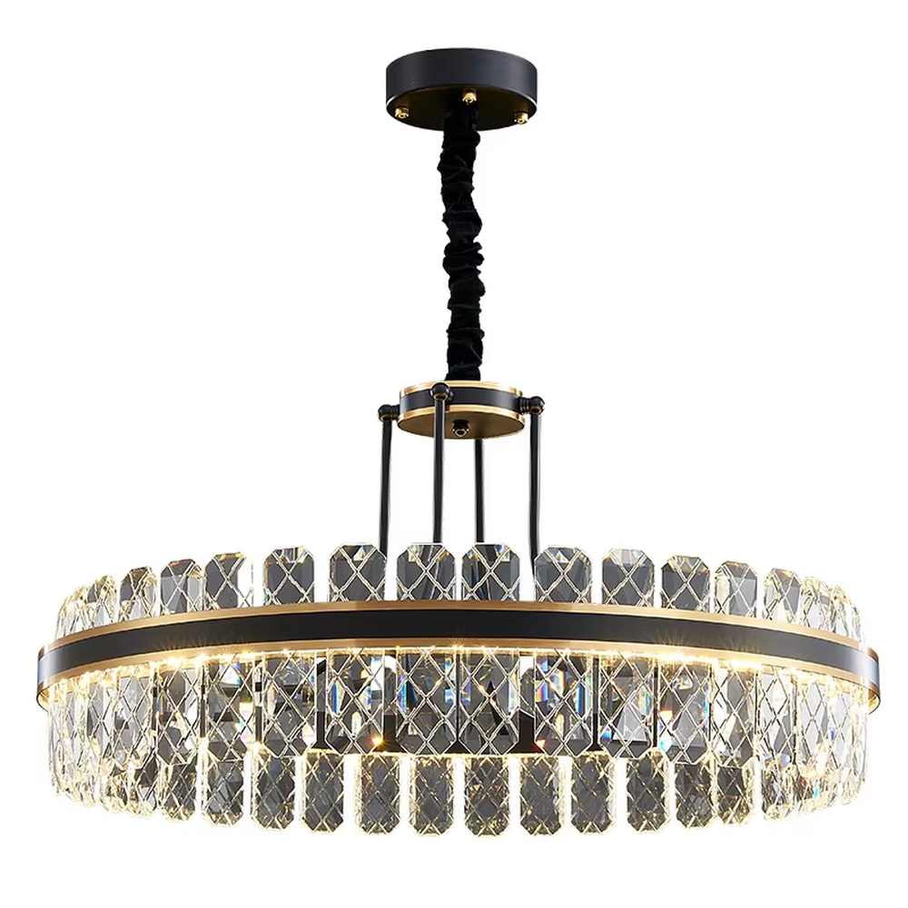 This modern light luxury two-layer circular crystal chandelier features a black metal frame, inlaid with transparent crystal strips with diamond textures to form a double-layered circular shape, paired with a height-adjustable black suspension rod. When lit, light refracts through the crystal to emit a brilliant and luxurious glow, combining a bold texture with an ambient atmosphere. Ideal for living rooms, dining rooms, light luxury apartments, and other spaces, it adds an exquisite and sophisticated touch to modern minimalist or industrial-style home environments.