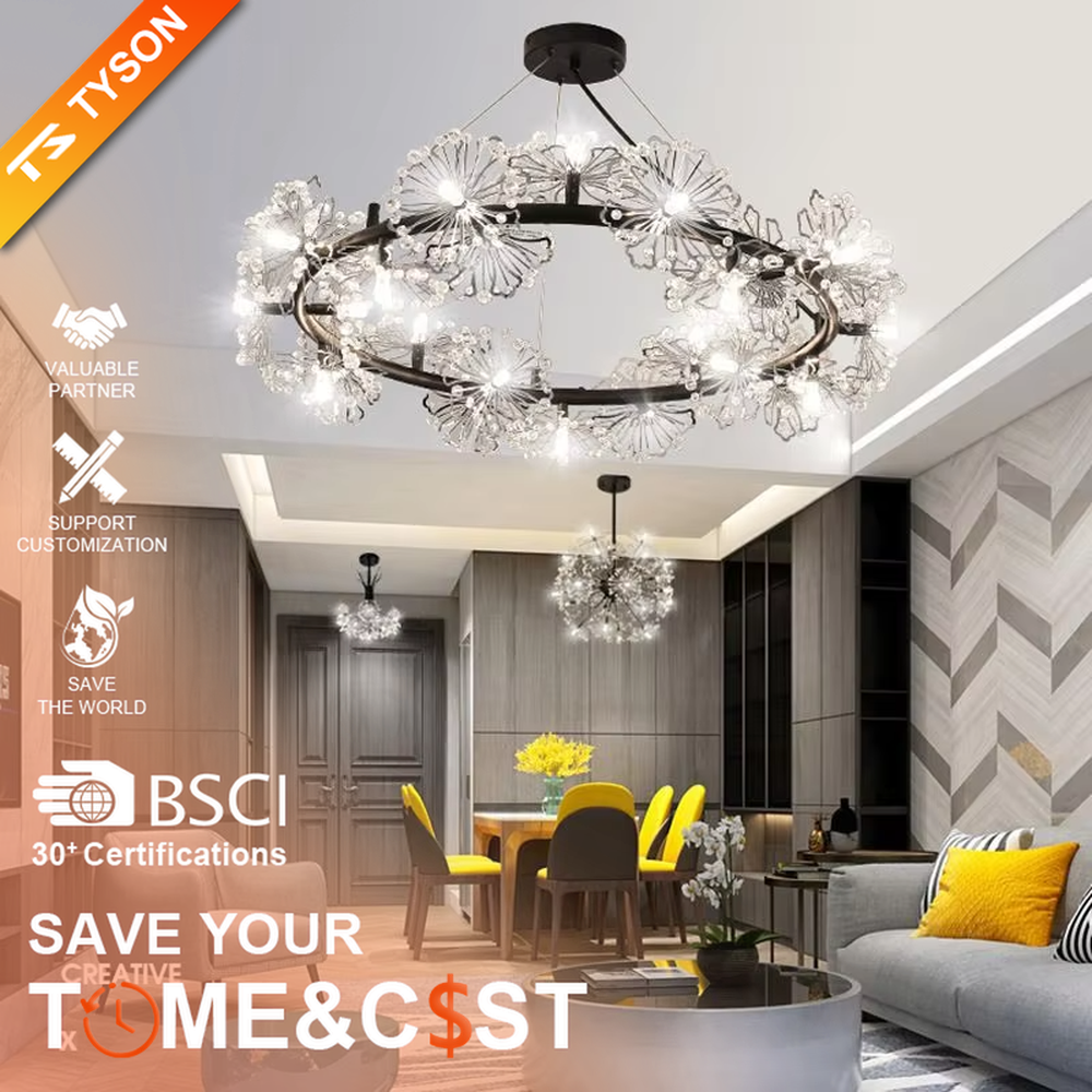 This modern light luxury dandelion-shaped chandelier features a black wrought iron frame and transparent crystal flower ball lampshades. When lit, it emits a bright and soft glow like blooming fireworks, combining decorative appeal with an ambient atmosphere. Ideal for bedrooms, living rooms, dining rooms, and other spaces, it adds an exquisite and romantic touch to modern minimalist, light luxury, or Nordic-style home environments.