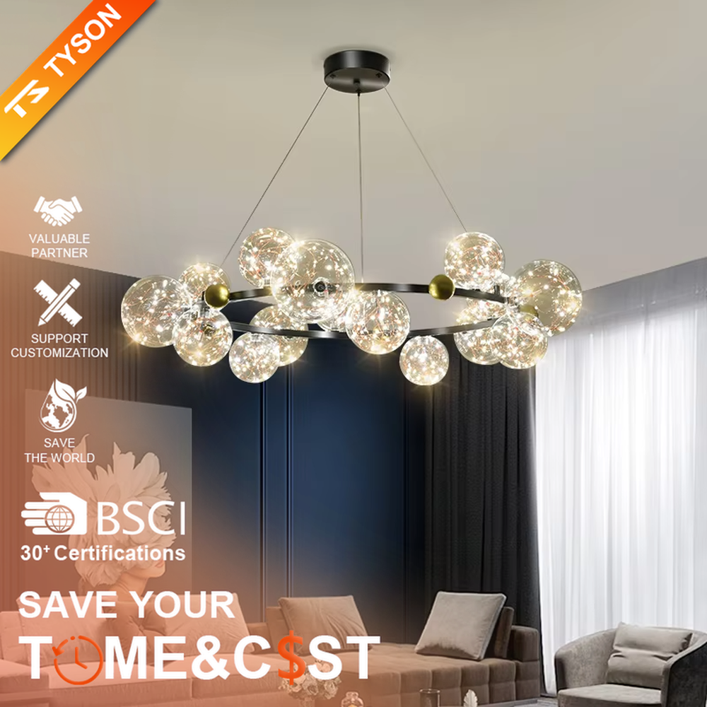 This modern light luxury circular magic bean chandelier features a gold metal ring frame and multiple glass ball lampshades with a starry sky effect inside. When lit, it emits a soft and warm starry glow, combining decorative appeal with an ambient atmosphere. Ideal for living rooms, dining rooms, large apartments, and other spaces, it adds a romantic and exquisite touch to modern light luxury, minimalist, or Nordic-style home environments.