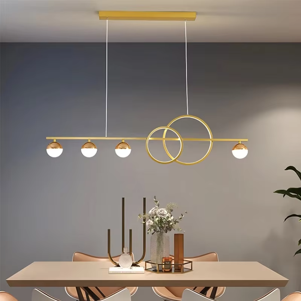 Modern light luxury black and gold combination linear chandelier, featuring a black metal frame paired with milk-white glass ball lampshades and double-ring decorations. Its minimalist and layered design combines style and ambiance, making it a decorative lighting fixture that elevates the space's aesthetic.