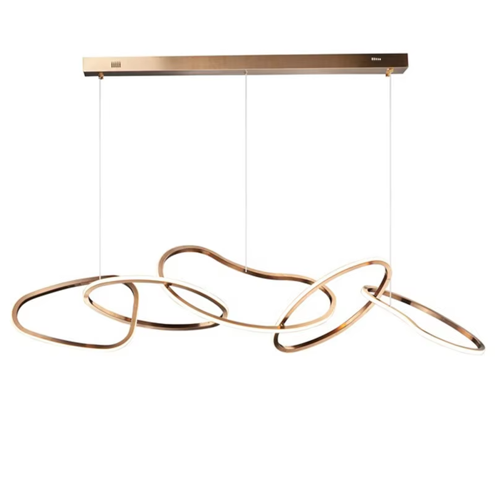 Modern light luxury flowing ring chandelier, featuring interwoven and irregular gold metal rings with built-in soft LED lighting. Its dynamic and elegant lines combine artistry and ambiance, making it a high-end decorative lighting fixture that elevates the space's style.