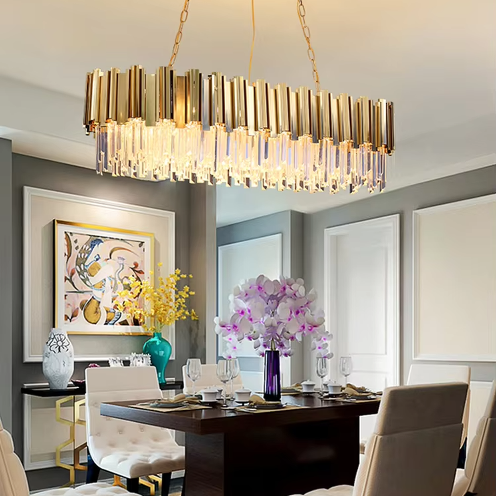 Light luxury post-modern metal crystal chandelier, featuring a dome shape layered with gold metal strips and crystal columns. Light refracts through the crystals to create a brilliant and luxurious glow, combining sophistication and ambiance, making it a high-end decorative lighting fixture that elevates the space's style.