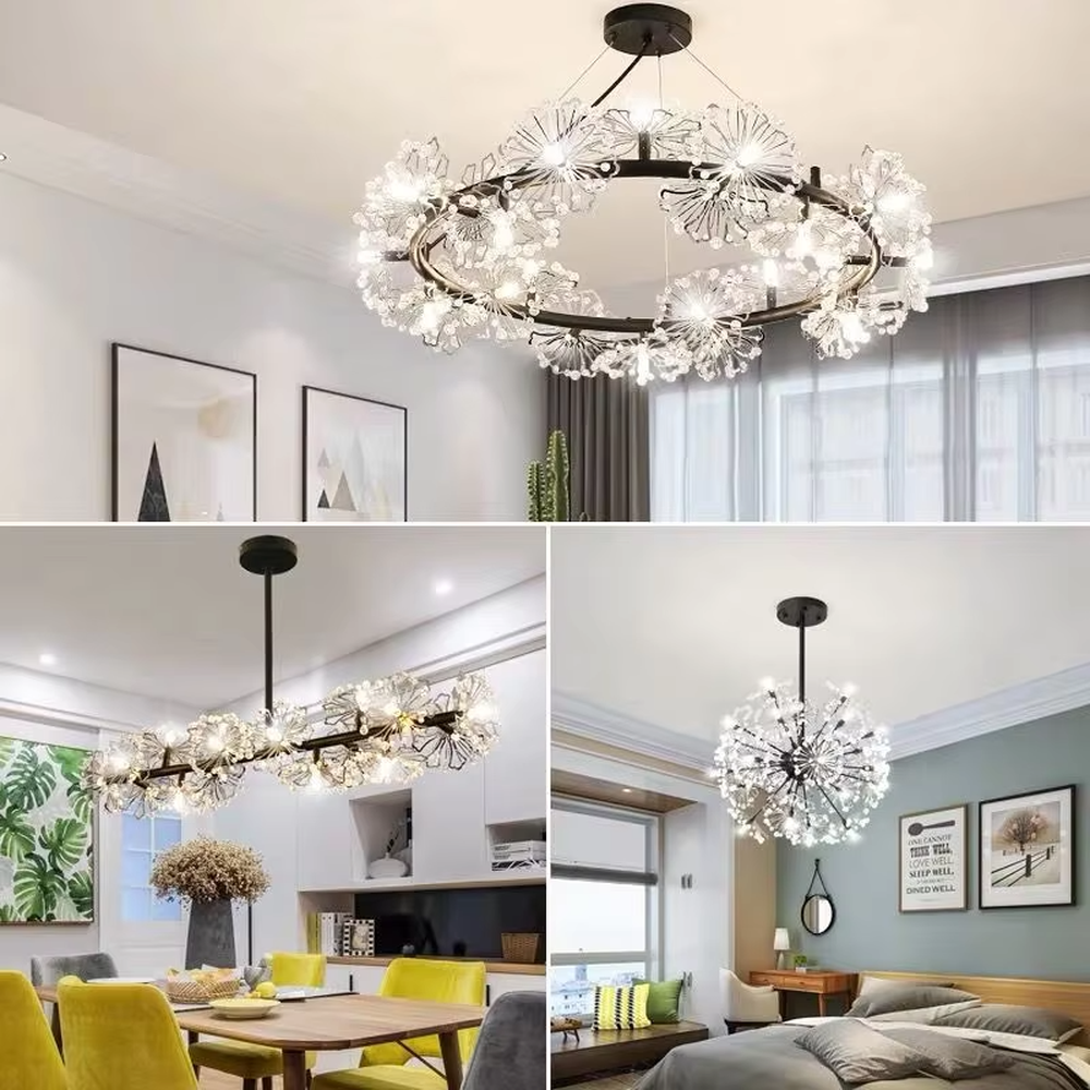 This modern light luxury dandelion-shaped chandelier features a black wrought iron frame and transparent crystal flower ball lampshades. When lit, it emits a bright and soft glow like blooming fireworks, combining decorative appeal with an ambient atmosphere. Ideal for bedrooms, living rooms, dining rooms, and other spaces, it adds an exquisite and romantic touch to modern minimalist, light luxury, or Nordic-style home environments.