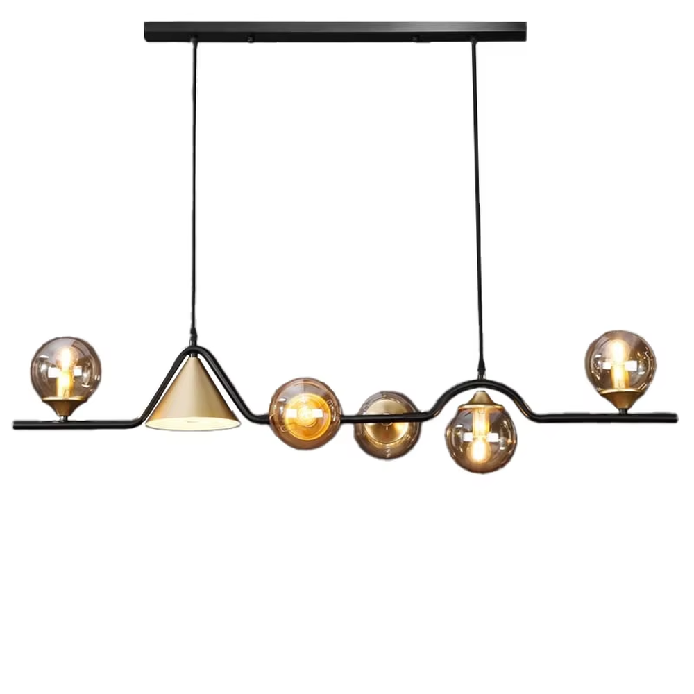 Modern light luxury geometric combination chandelier, featuring a fluid curved frame in black and gold metal paired with gradient smoky gray glass balls and a cone-shaped lampshade. Its minimalist and layered design combines style and ambiance, making it a decorative lighting fixture that elevates the space's aesthetic.