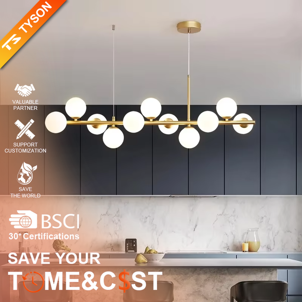 Modern light luxury gradient glass ball linear chandelier, featuring a black metal frame paired with gradient smoky gray glass ball lampshades. Its minimalist and layered design combines style and ambiance, making it a decorative lighting fixture that elevates the space's aesthetic.